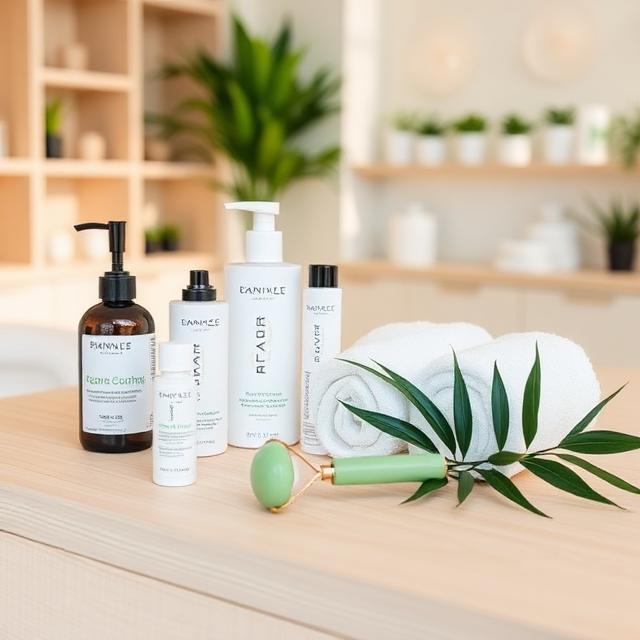 Skincare products and towels on a spa counter