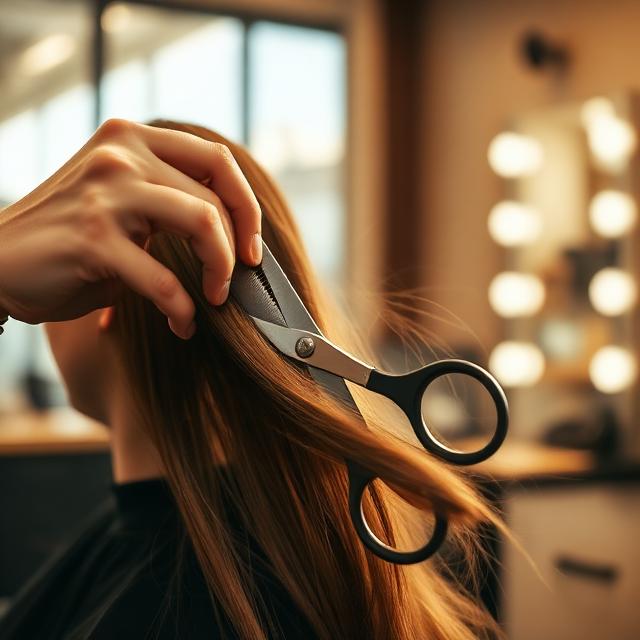 Stylist trimming long hair with scissors in a salon