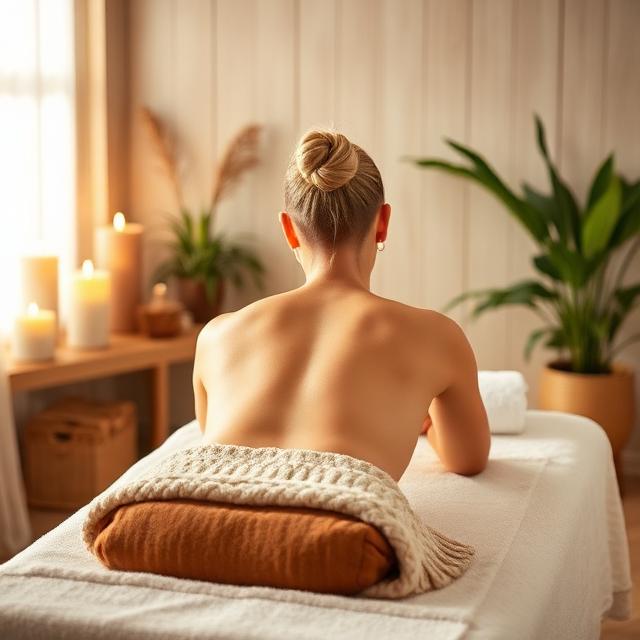 Client relaxing on a massage table in a candlelit spa room