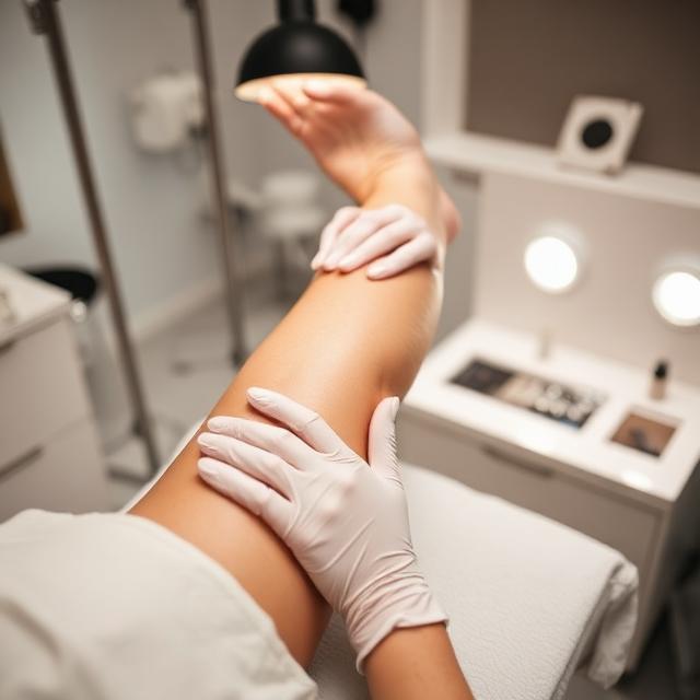 Esthetician performing a waxing treatment in a clean studio